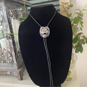 Bolo Tie with Silvertone and Black Lion Head Slide - NWOT
